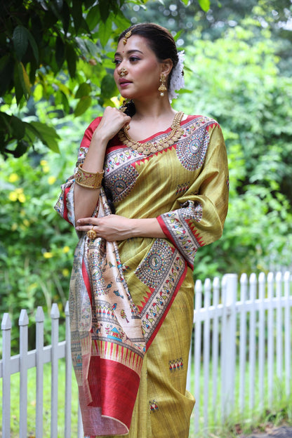 Mahendi Green Madhubani Printed Soft Tussar Silk Saree | Traditional Festive Ethnic Wear – JaipurSaaj