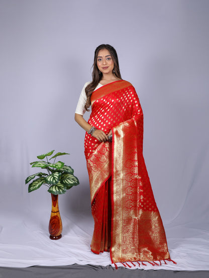 Red Banarasi Silk Saree With Zari Weaving Work | Wedding Wear – JaipurSaaj