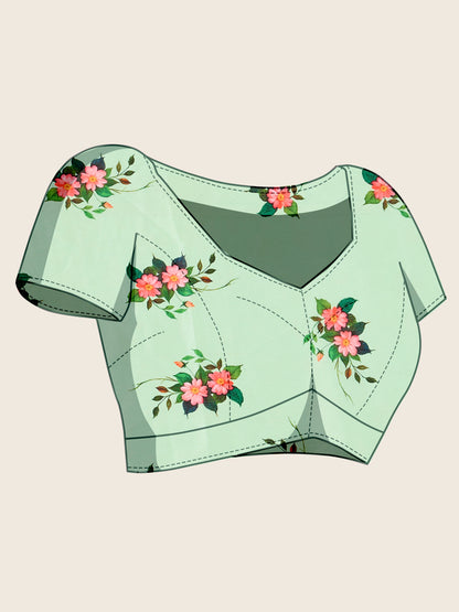 Sea Green Soft Chinnon Silk Saree With Digital Printed Work