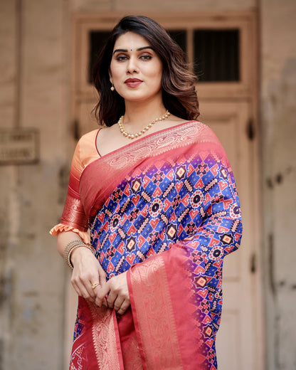 Royal Blue Digital Printed Tussar Silk Saree With Zari Motif Border | Designer Festive Ethnic Wear – JaipurSaaj