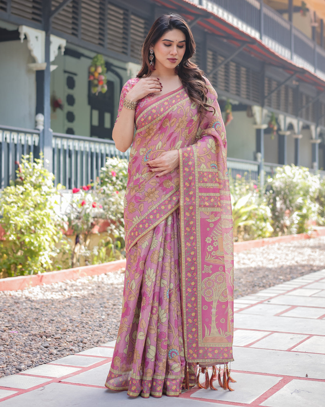 Pink Kalamkari Digital Printed Linen Cotton Saree | Summer Casual & Ethnic Wear – JaipurSaaj
