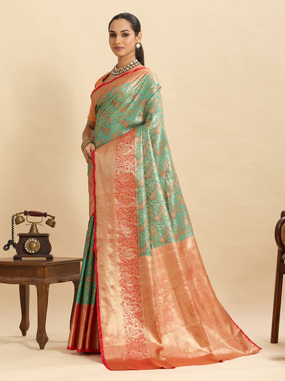 Green Kanjivaram Silk Saree with Zari Weaving Work & Big Border | Bridal Wedding Wear – JaipurSaaj