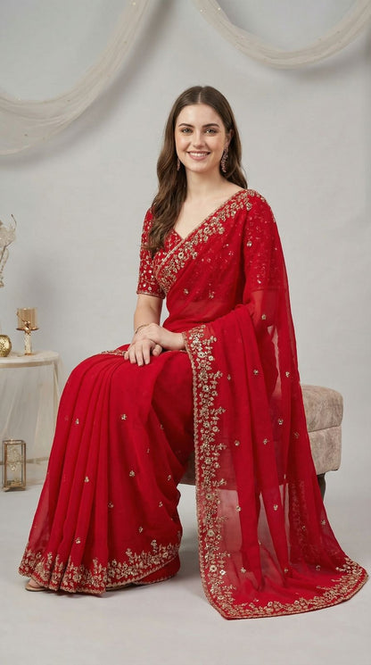 Red Fandy Chiffon Silk Saree With Sequin Work & Cut Work Border | Party & Reception Wear – JaipurSaaj