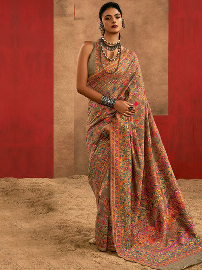 Gray Pashmina Silk Saree With Traditional Woven Design | Festive & Wedding Wear – JaipurSaaj