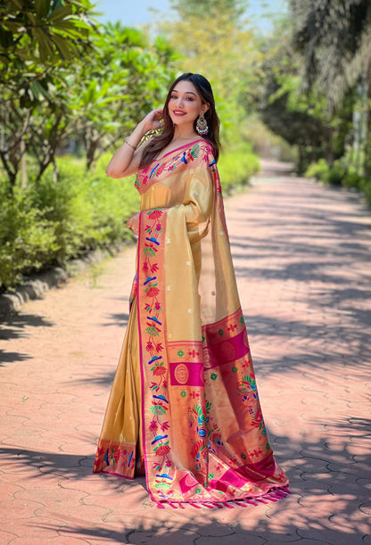 Beige Soft Tissue Paithani Silk Saree With Zari Weaving Work | Bridal Wedding Wear – JaipurSaaj