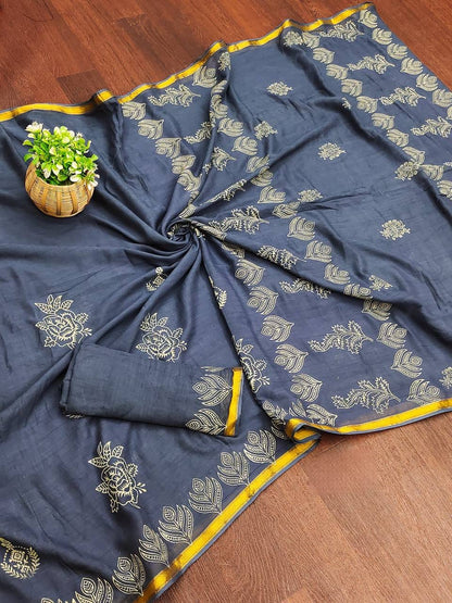 Gray Muslin Cotton Silk Saree With Hand Block Print & Zari Border | Ethnic Wear – JaipurSaaj