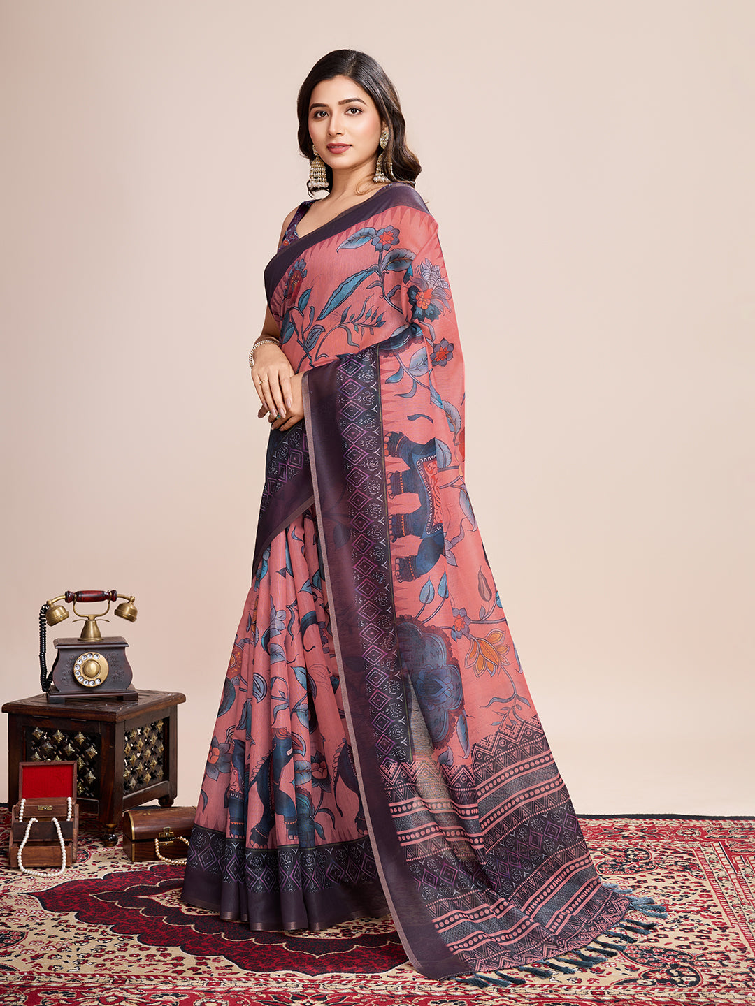 Multi Soft Linen Cotton Saree With Kalamkari Printed Work