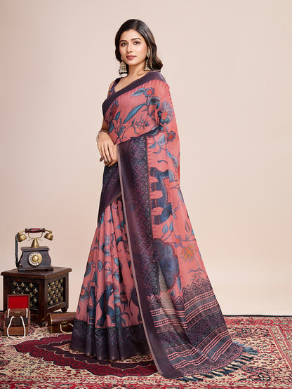 Multi Soft Linen Cotton Saree With Kalamkari Printed Work