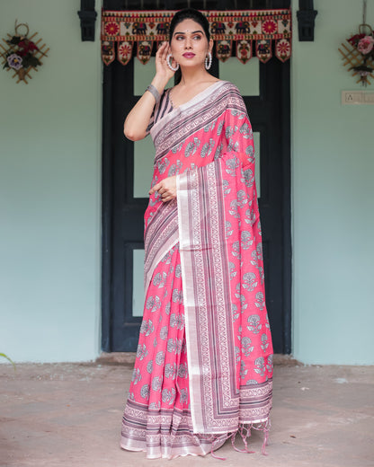 Gajari Soft Linen Cotton Saree With Digital Printed Work