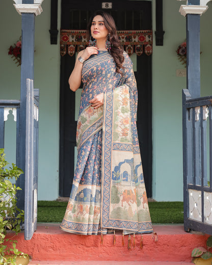 Blue Soft Linen Cotton Saree with Kalamkari Printed Work | Summer Casual & Ethnic Wear – JaipurSaaj