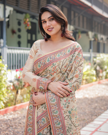 Off White Kalamkari Digital Printed Linen Cotton Saree | Summer Casual & Ethnic Wear – JaipurSaaj