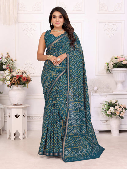 Rama Green Bandhej Printed Soft Cotton Saree With Zari Border | Traditional Festive Ethnic Wear – JaipurSaaj