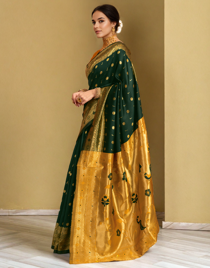 Traditional Dark Green Paithani Silk Saree With Zari Weaving Work