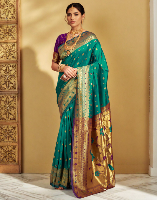 Traditional Rama Green Paithani Silk Saree With Zari Weaving Work