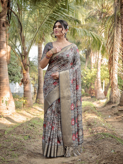 Gray Digital Printed Tussar Silk Saree With Zari Motif Border | Traditional Casual & Festive Wear – JaipurSaaj