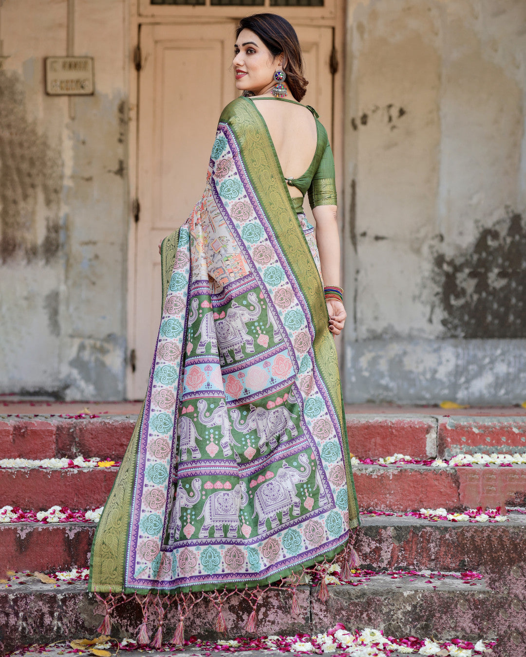 Multi Kalamakari Floral Printed Tussar Silk Saree With Zari Motif Border | Festive Ethnic Wear – JaipurSaaj