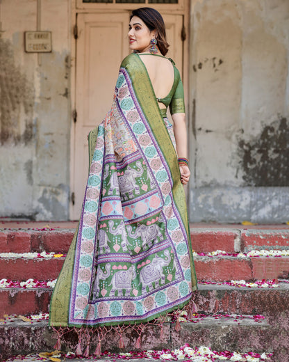 Multi Kalamakari Floral Printed Tussar Silk Saree With Zari Motif Border | Festive Ethnic Wear – JaipurSaaj