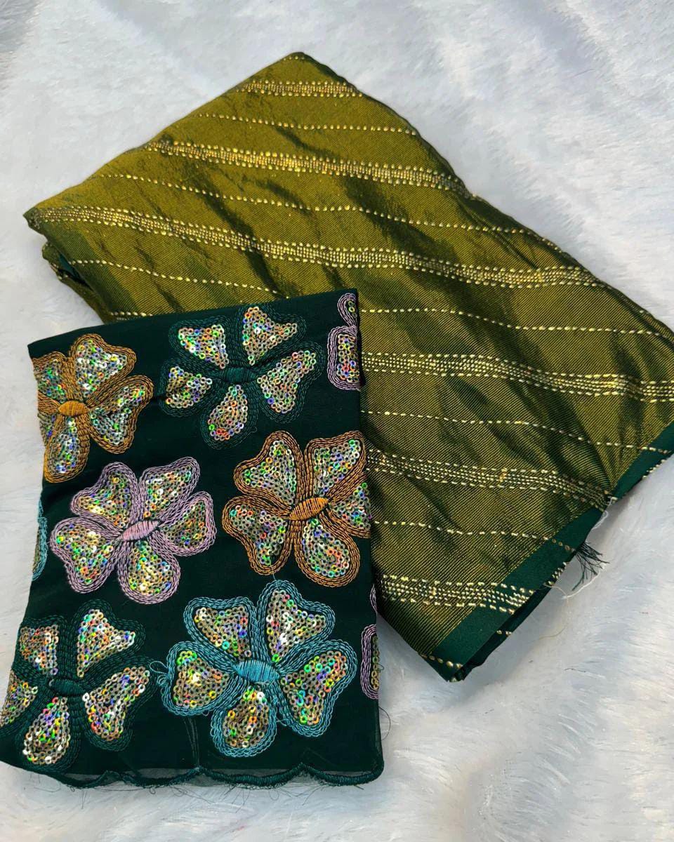 Green Brasso Silk Saree With Foil Work