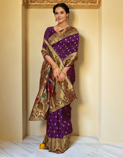 Traditional Wine Paithani Silk Saree With Zari Weaving Work