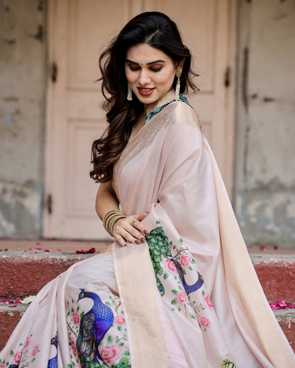 Pastel Pink Tussar Silk Saree With Digital Kalamkari Print & Zari Motif Border | Casual & Festive Wear – JaipurSaaj