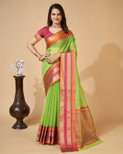 Parrot Green Color Kota Doriya Saree With Zari Weaving Work
