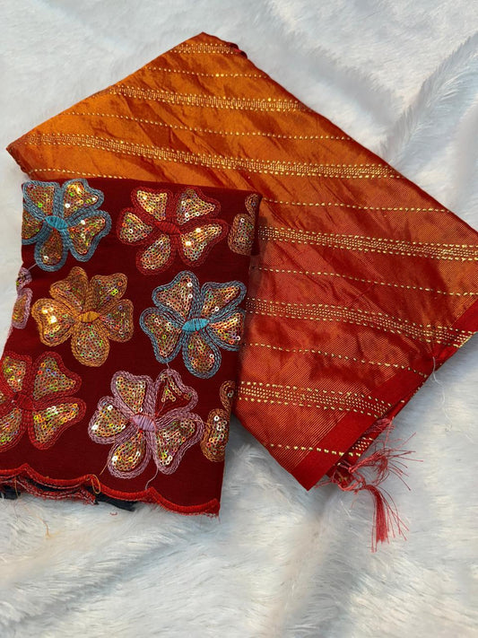 Orange Brasso Silk Saree With Foil Work