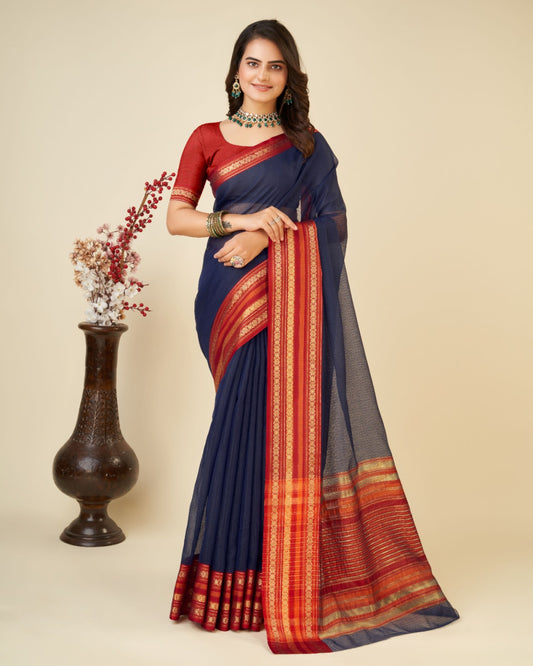 Navy Blue Color Doriya Cotton Saree With Woven Design