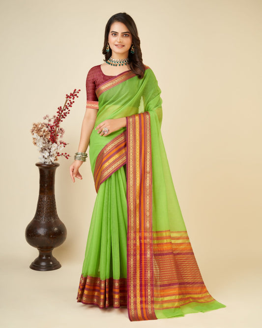Parrot Green Color Doriya Cotton Saree With Woven Design