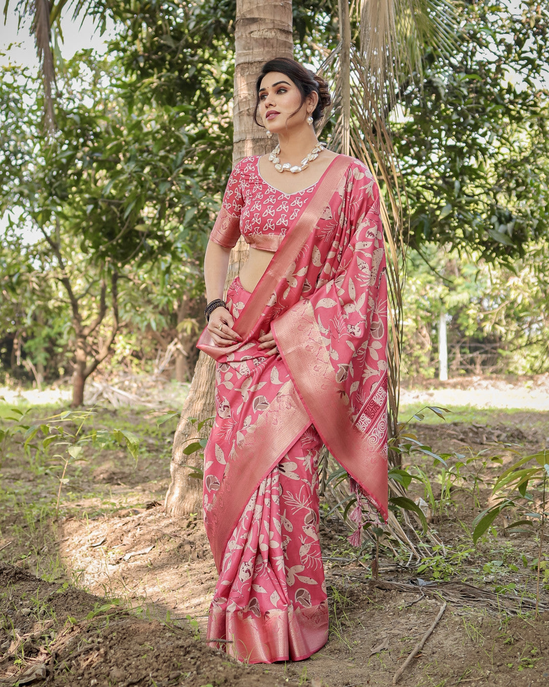 Pink Tussar Silk Saree with Floral Woven Motifs & Zari Border | Traditional Festive Wear – JaipurSaaj