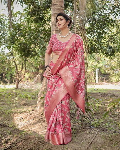 Pink Tussar Silk Saree with Floral Woven Motifs & Zari Border | Traditional Festive Wear – JaipurSaaj