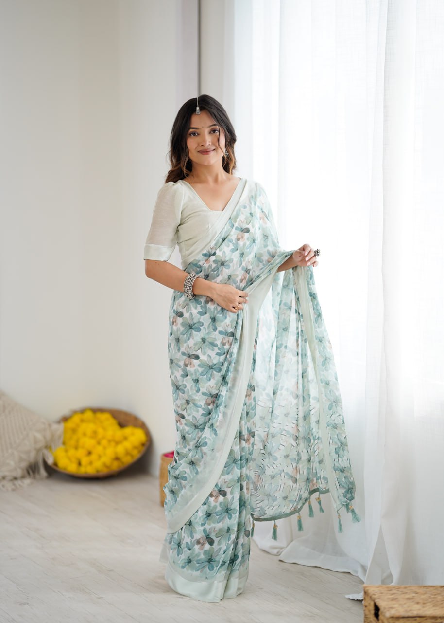 Sea Green Linen Cotton Saree With Flower Digital Printed Work