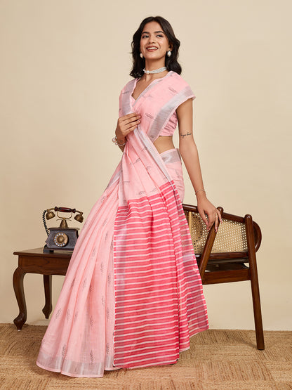 Baby Pink Linen Cotton Saree With Digital Printed Work And Silver Zari Border