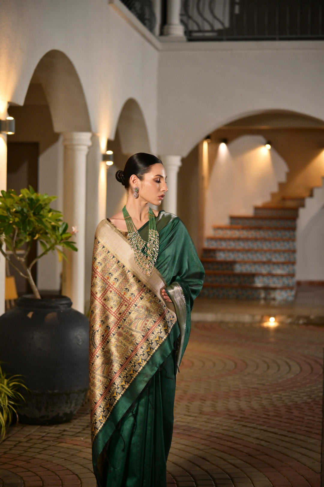 Dark Green Khadi Raw Silk Saree With Beautiful Madhubani Printed Pallu | Party & Wedding Wear – JaipurSaaj