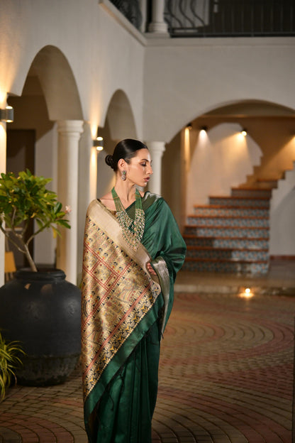 Dark Green Khadi Raw Silk Saree With Beautiful Madhubani Printed Pallu | Party & Wedding Wear – JaipurSaaj