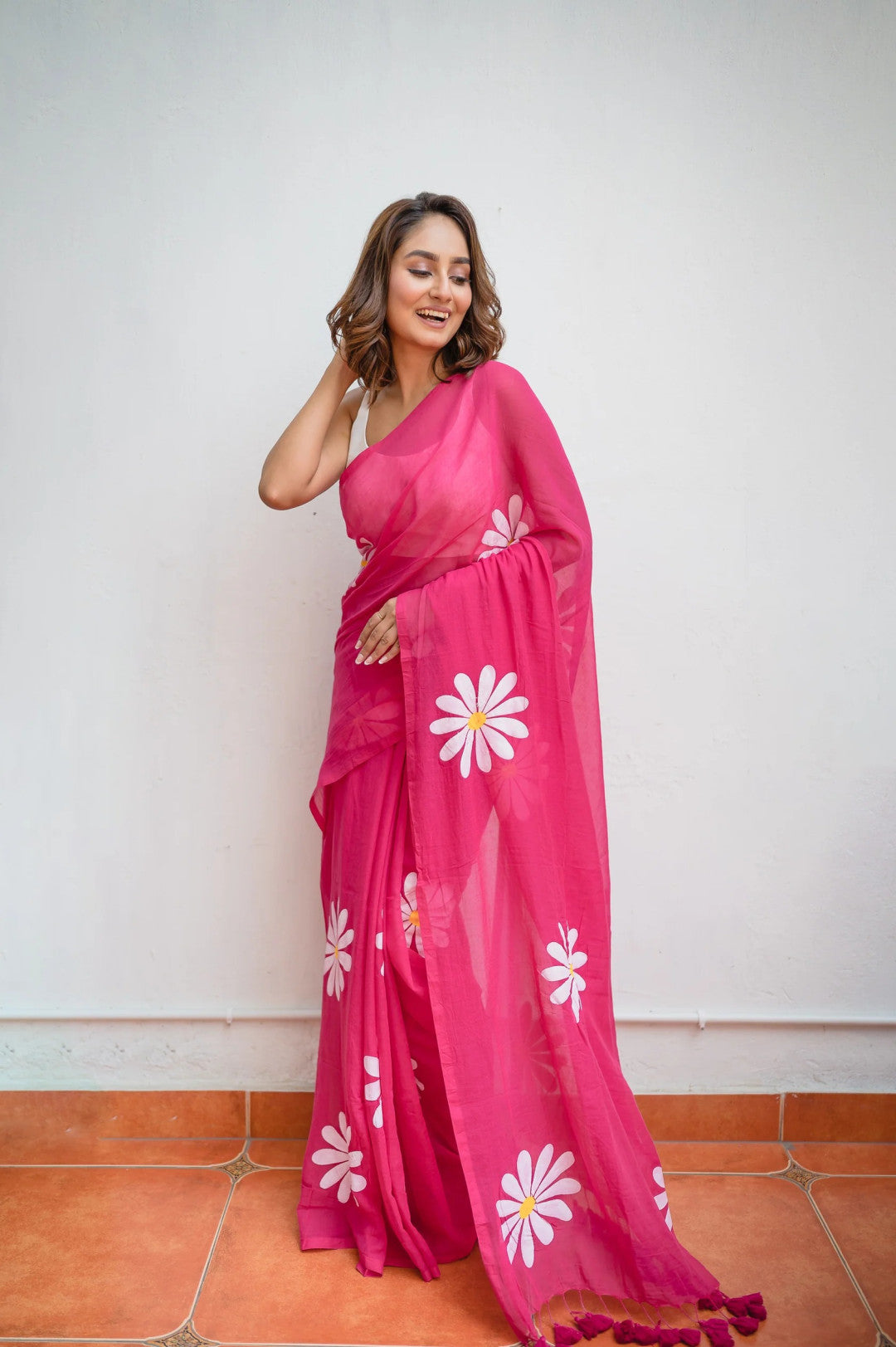 Pink Khadi Cotton Saree with Floral Printed Work | Summer Casual Ethnic Wear – JaipurSaaj
