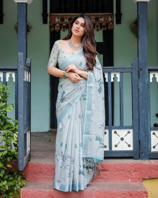 Pastel Green Floral Digital Printed Linen Cotton Saree