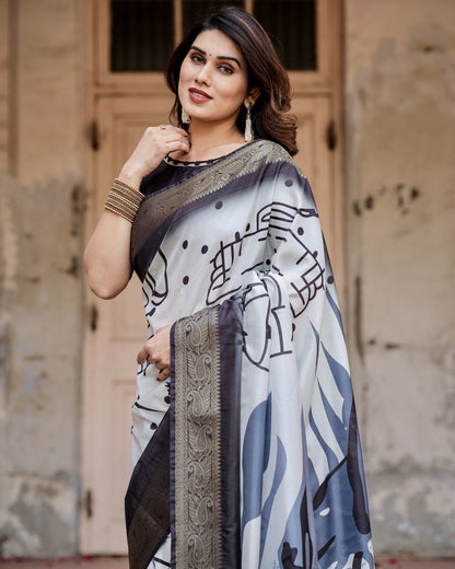 Multi Color Digital Printed Tussar Silk Saree With Zari Motif Border | Designer Festive Ethnic Wear – JaipurSaaj