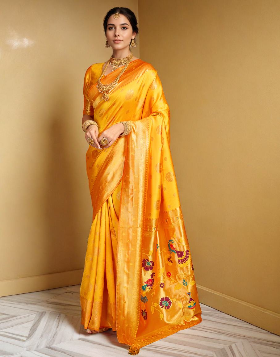 Yellow Paithani Silk Saree With Zari Weaving Work