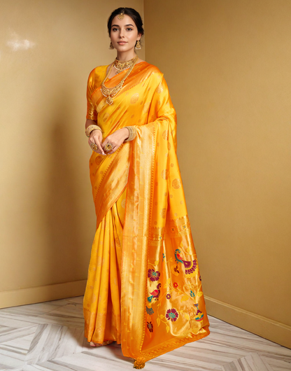Yellow Paithani Silk Saree With Zari Weaving Work
