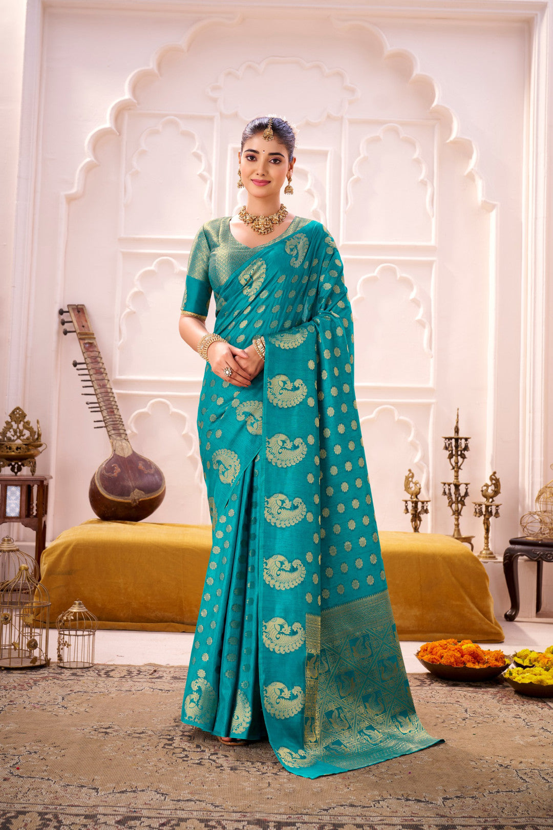 Rama Green Soft Roop Silk Saree With Printed Work & Zari Weaving Border | Traditional Festive Wear – JaipurSaaj