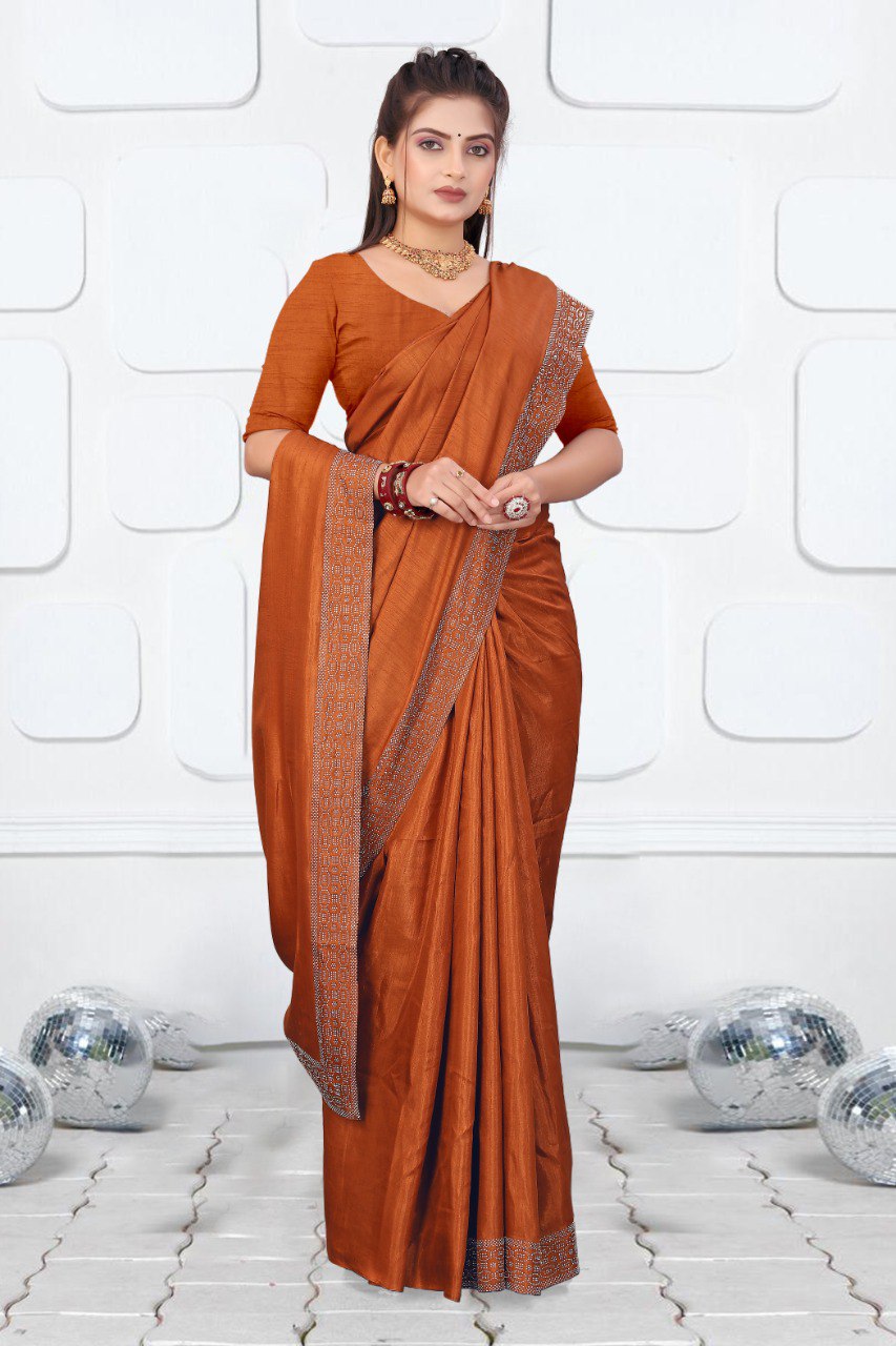 Orange Dola Silk Saree With Siroski Work Border