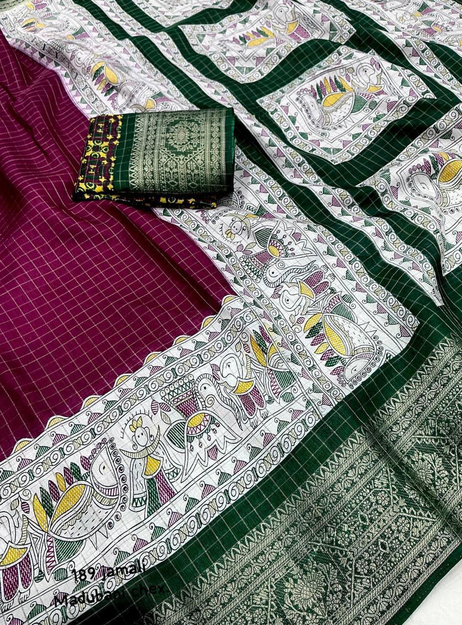 Maroon Dola Silk Saree With Beautiful Madhubani Printed Pallu Work