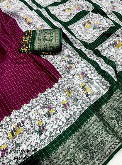 Maroon Dola Silk Saree With Beautiful Madhubani Printed Pallu Work