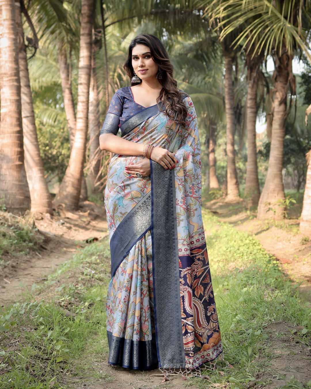 Multi Color Kalamkari Digital Printed Tussar Silk Saree | Designer Festive Ethnic Wear – JaipurSaaj