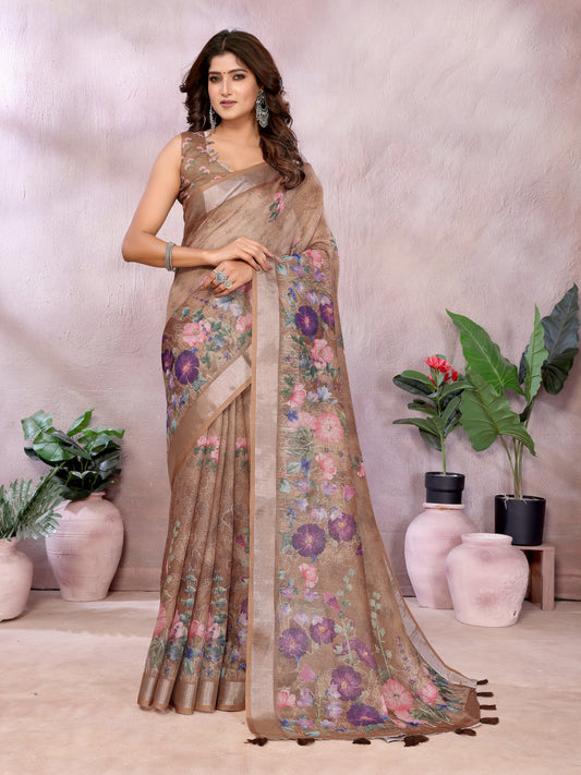 Beige Linen Cotton Saree With Digital Printed Work And Silver Zari Border