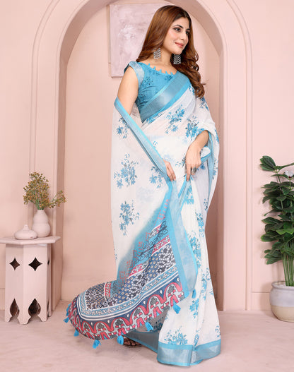 White Linen Cotton Saree With Digital Printed Work And Silver Zari Border