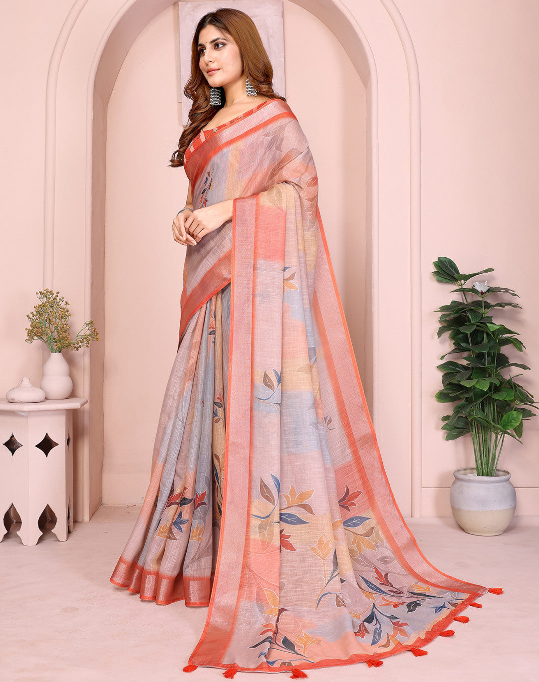 Multi Color Linen Cotton Saree With Digital Printed Work And Silver Zari Border