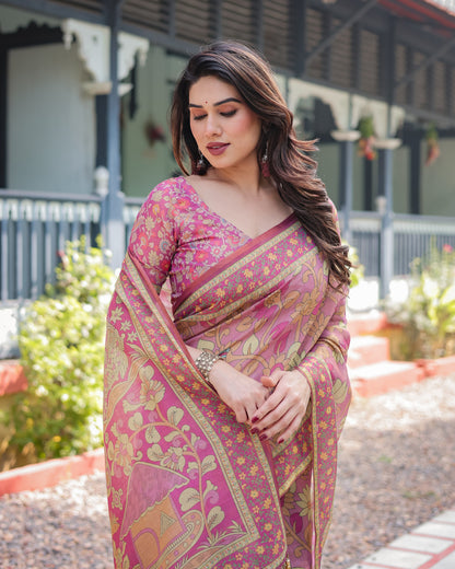 Pink Kalamkari Digital Printed Linen Cotton Saree | Summer Casual & Ethnic Wear – JaipurSaaj