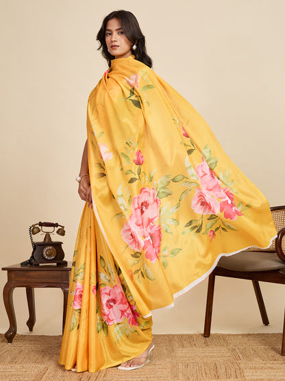 Yellow Soft Chinnon Silk Saree With Digital Printed Work