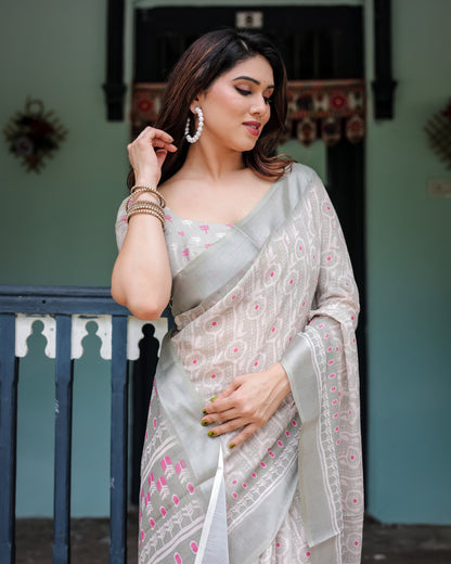 Gray Summer Special Digital Printed Linen Cotton Saree